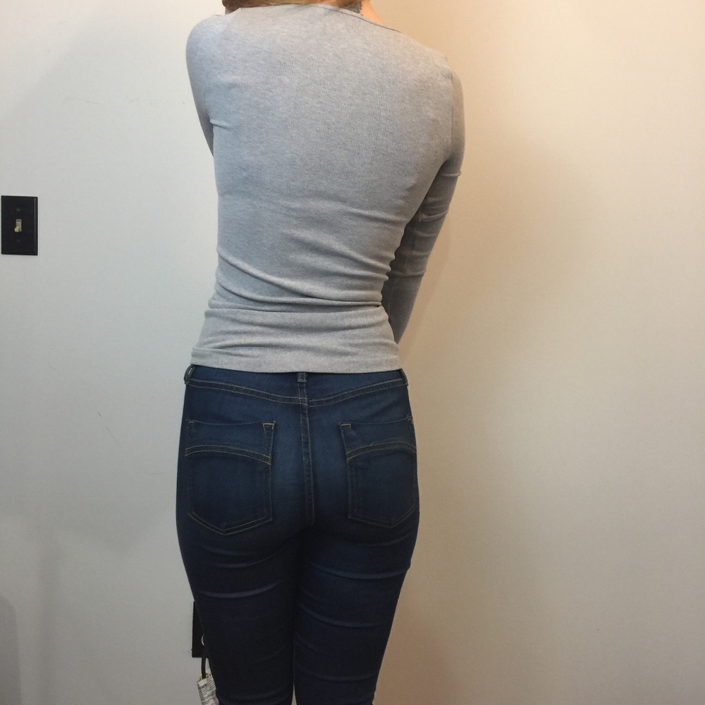 Free People Grey Lace Up Front Spandex Top Shirt - Picture 3 of 8